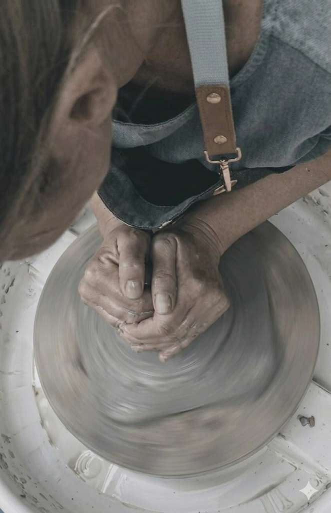 Hands shaping clay on the pottery wheel